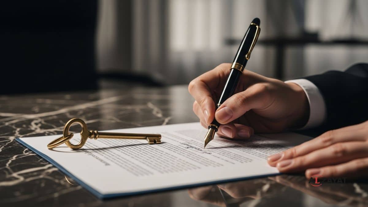 Une image représentant le travail des avocats en succession en Égypte, avec un document juridique signé et une clé dorée, estampillée du logo du cabinet.