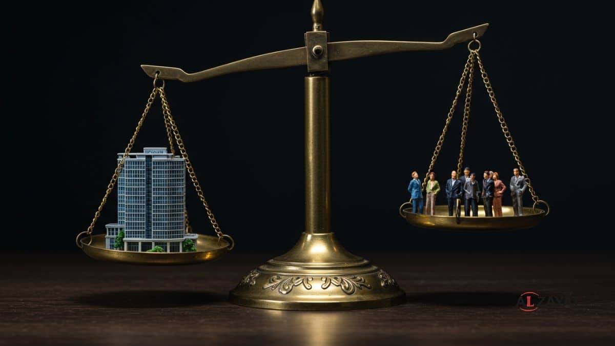 Une image représentant l'équilibre recherché dans le droit du travail et les contentieux de l'emploi en Égypte, avec une balance équilibrant un bâtiment et des travailleurs.