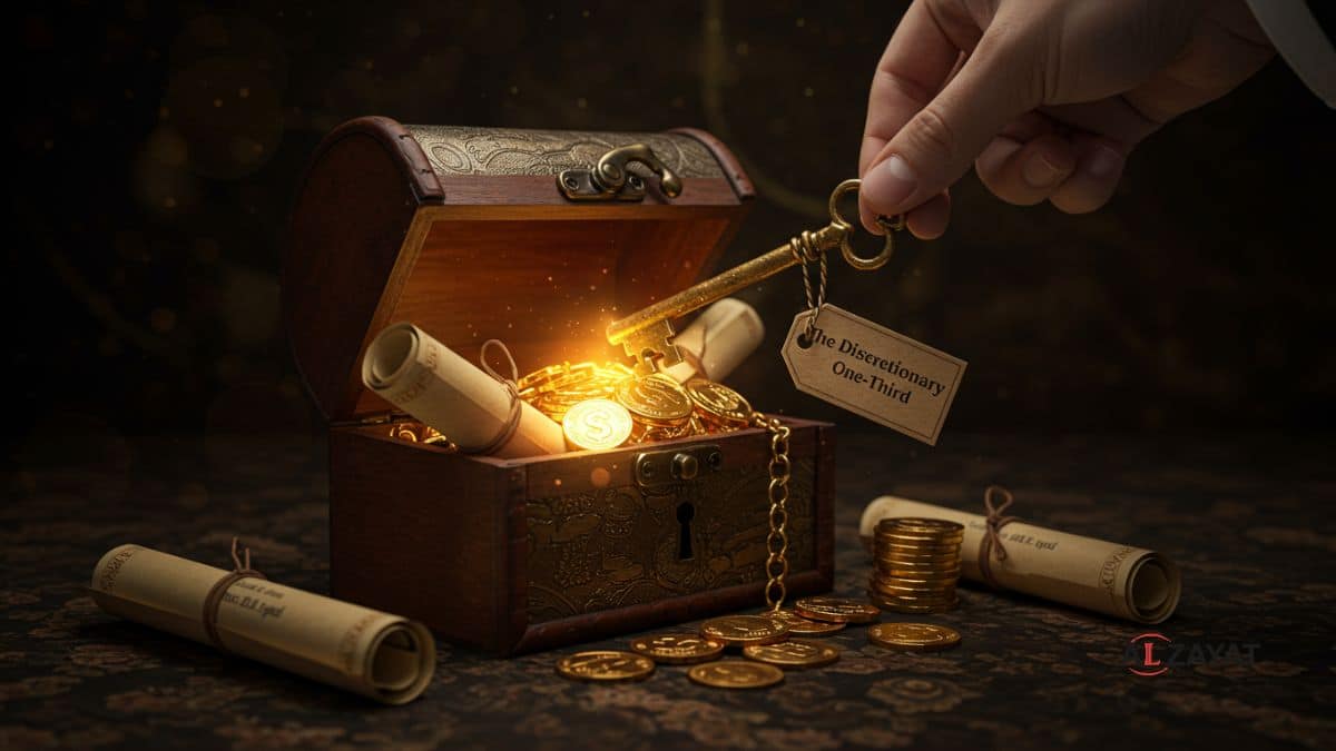 An image representing the strategic aspect of will drafting in Egypt, featuring an ornate key labeled "One-Third" unlocking a portion of a treasure chest, stamped with the firm logo.