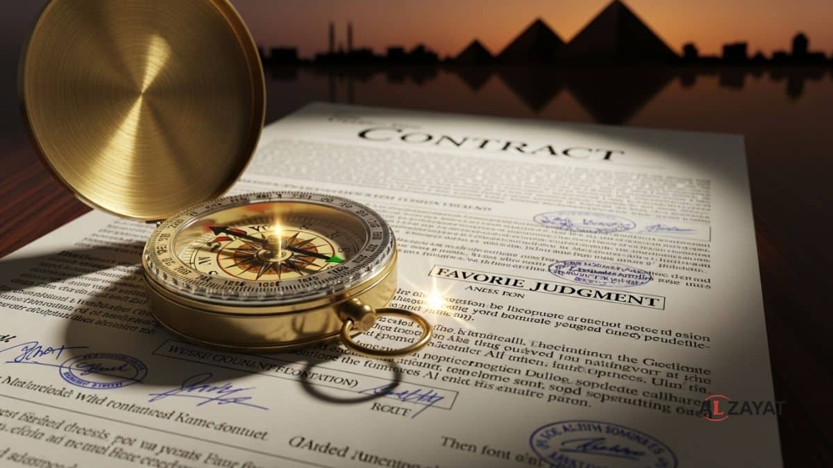 Une image symbolisant la représentation juridique stratégique en Égypte, montrant une boussole dorée pointant vers un résultat favorable, estampillée du logo du cabinet.