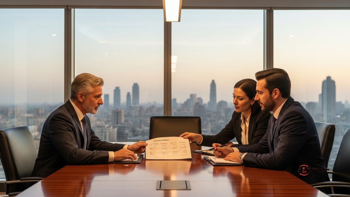 A senior lawyer discussing the structure of lawyer fees for M&A deals with clients in a luxury boardroom.