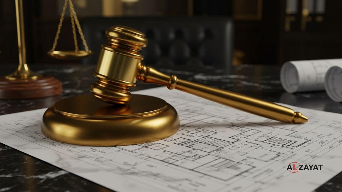 An image representing real estate contracts and dispute resolution, featuring a golden gavel resting on a blueprint of a luxury property.