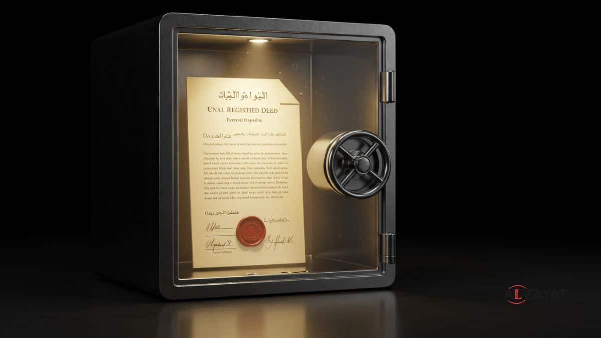 An image representing the security of property ownership registration in Egypt, featuring a glowing, official-looking document inside a transparent, locked safe.