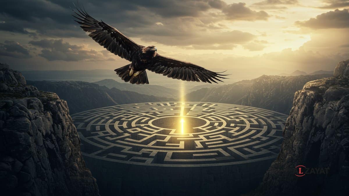 An image representing the strategic vision of unmatched expertise, featuring a golden eagle soaring above a complex maze, stamped with the firm logo.