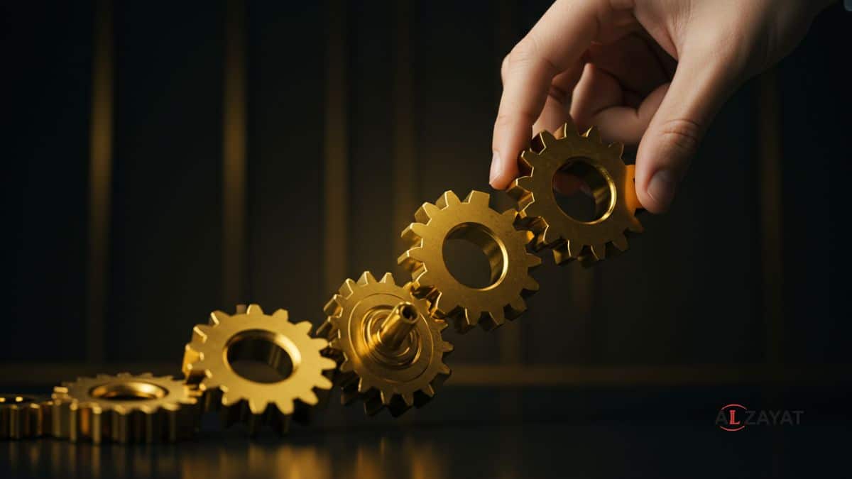 An image representing the strategic nature of business succession planning in Egypt, featuring a complex gear system with a single piece being added to ensure it runs smoothly.