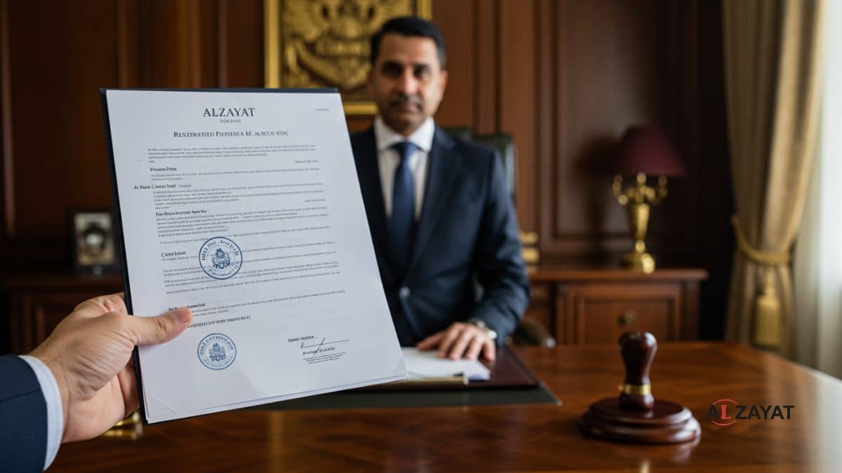 Рука держит апостилированный документ, на заднем плане юридический консультант Альзаят.
