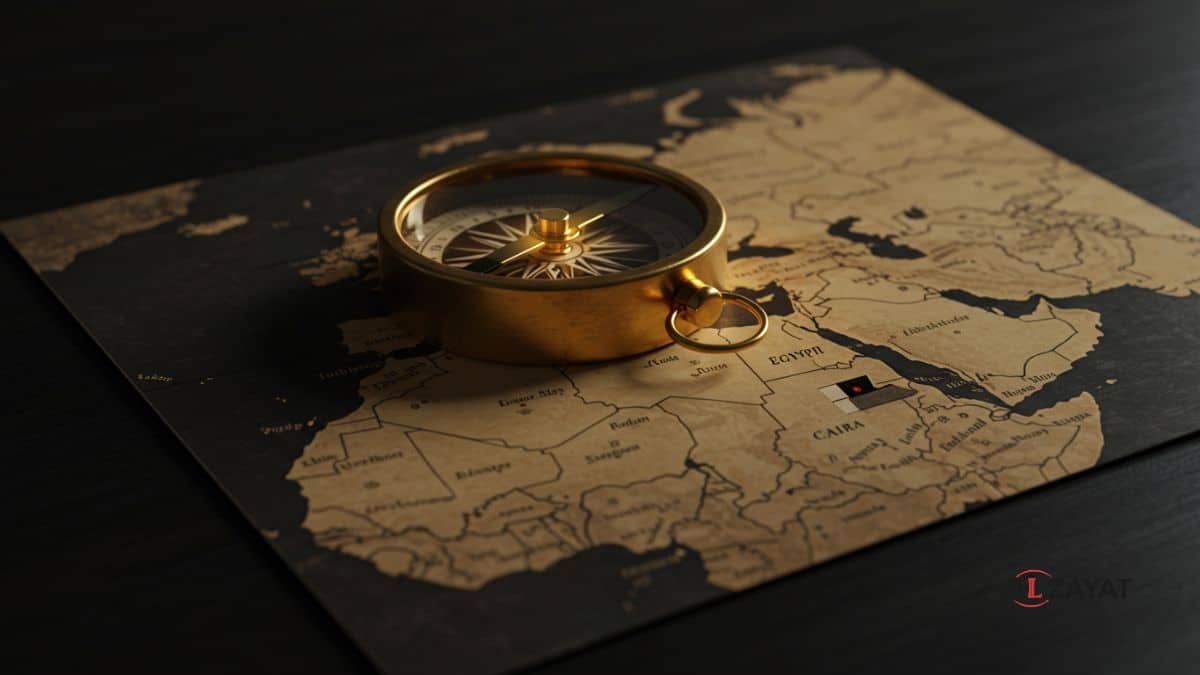 Изображение, представляющее стратегическое руководство юридической поддержки в Египте, с золотым компасом, указывающим путь на карте.
