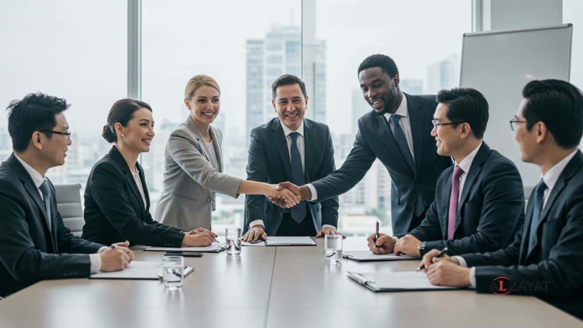 صورة تمثل العنصر البشري في الاندماج والاستحواذ وهيكلة الشركات، وتضم فريقًا متنوعًا من المديرين التنفيذيين ينهون صفقة في قاعة اجتماعات حديثة.