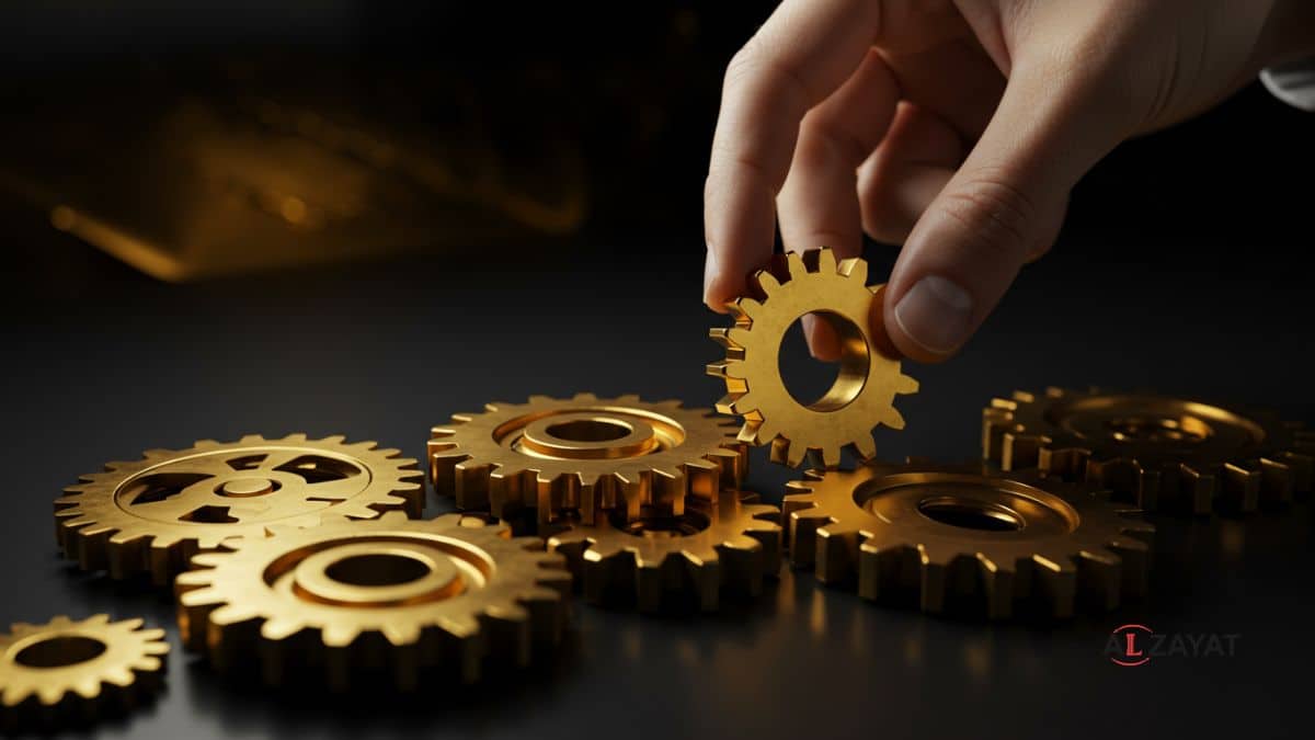صورة تمثل الطبيعة الاستراتيجية لضمان استمرارية الأعمال، وتضم نظام تروس معقد مع قطعة واحدة يتم إضافتها لضمان تشغيله بسلاسة.