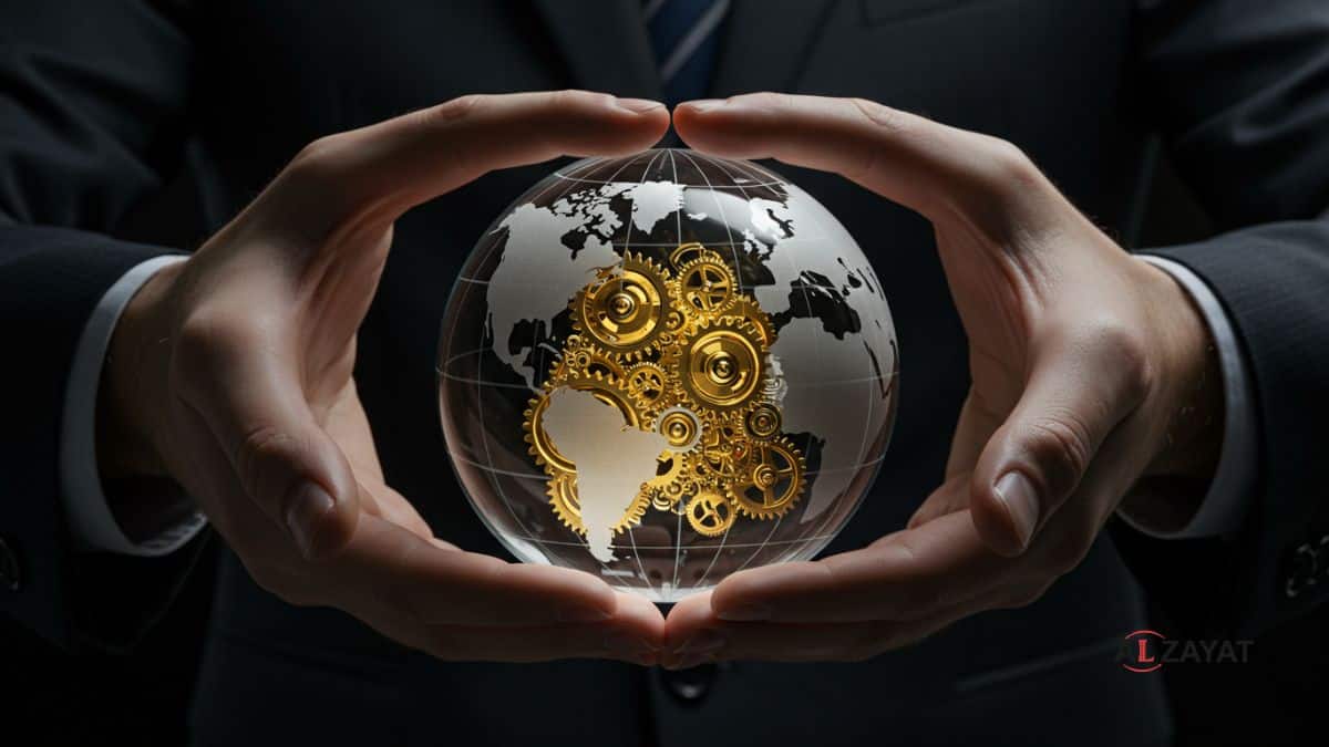 صورة تمثل الانتشار العالمي لأفضل شركات محاماة الشركات، وتضم كرة أرضية شفافة مع تروس مترابطة بداخلها، مختومة بشعار الشركة.