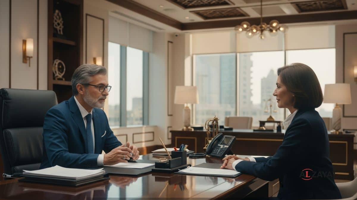 A senior lawyer discussing Bespoke Will Drafting in Egypt with a client in a luxurious office.