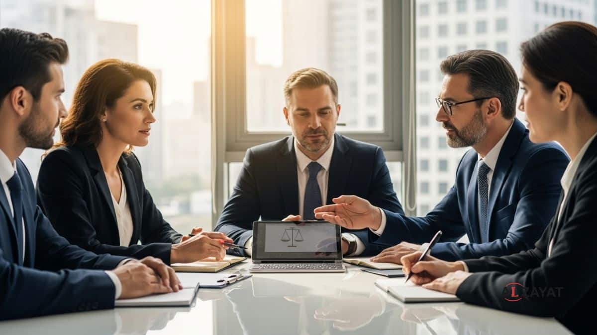 A diverse group of lawyers and clients discussing commercial arbitration in Egypt in a modern office.