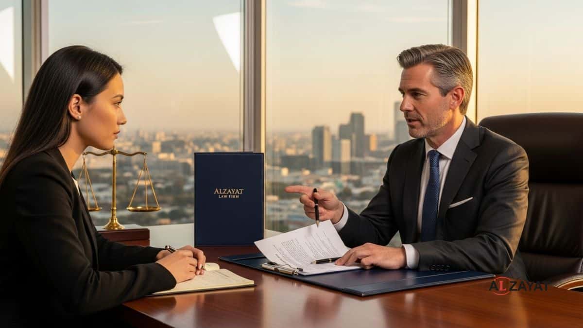 Professional lawyer discussing employee rights in Egypt with a client.