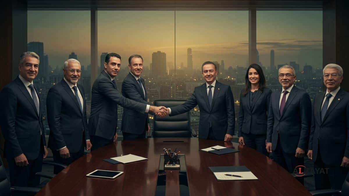 Une équipe d'avocats d'un cabinet de premier plan en F&A collaborant sur une opération complexe, examinant des documents avec un client.