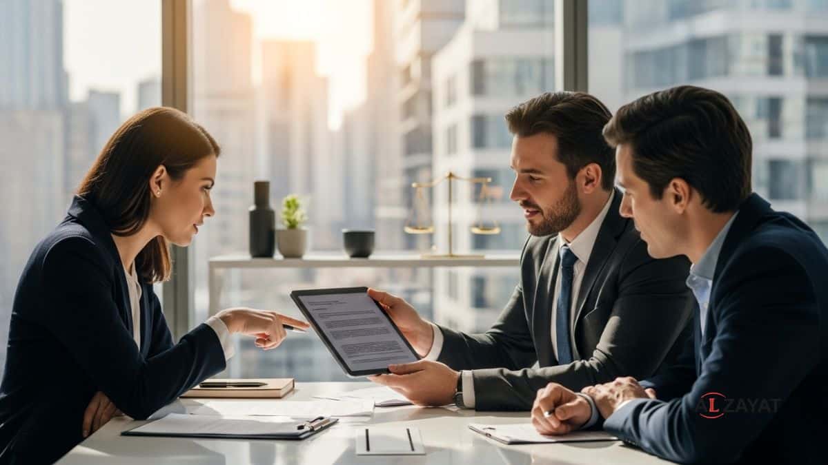 Two legal professionals discussing private international law services with a client