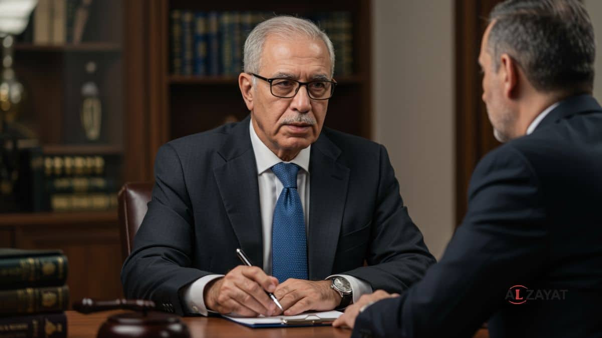 An Alzayat Law Firm lawyer offering expert counsel to a client, symbolizing the best criminal defense in Egypt