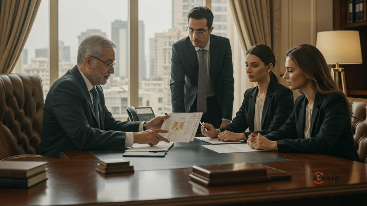 A senior lawyer advises a foreign investor on Egyptian law compliance, showing complex documents.