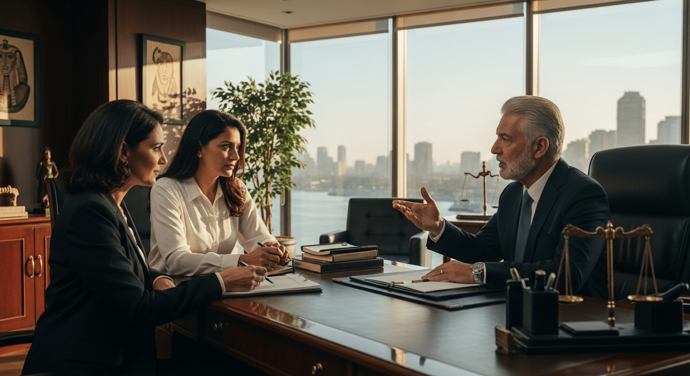 A senior lawyer discusses Estate Planning Tools in Egypt with clients in a luxurious office.