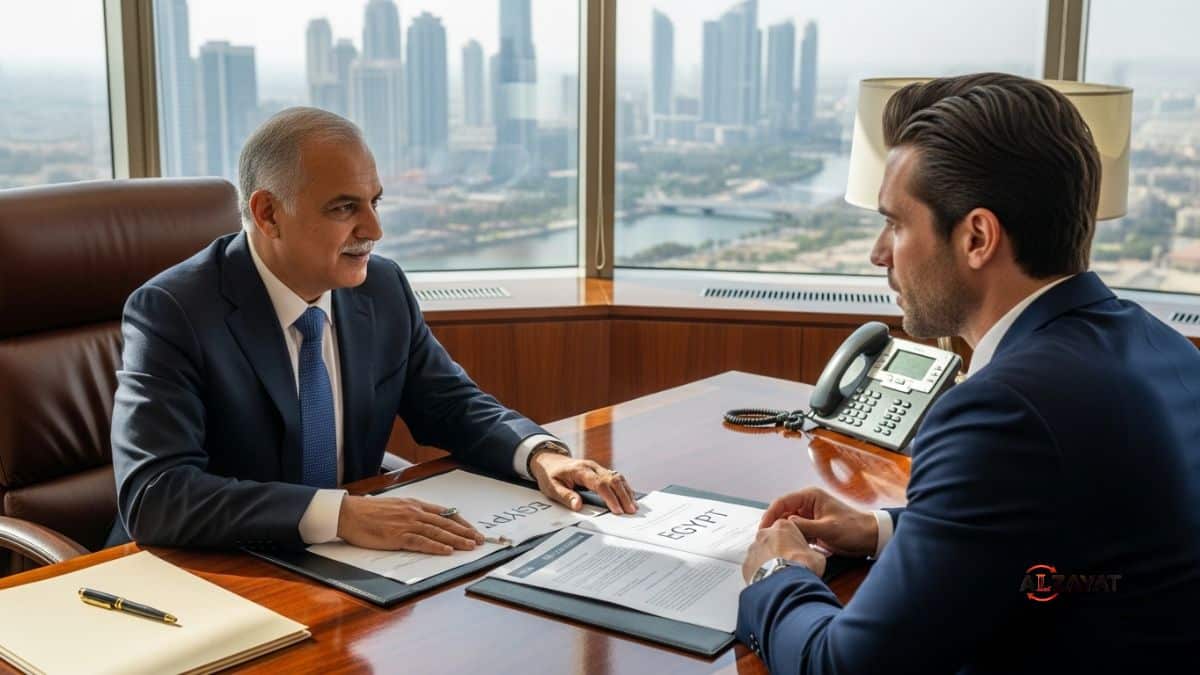A senior lawyer discussing rights for foreigners buying property in Egypt with a client.