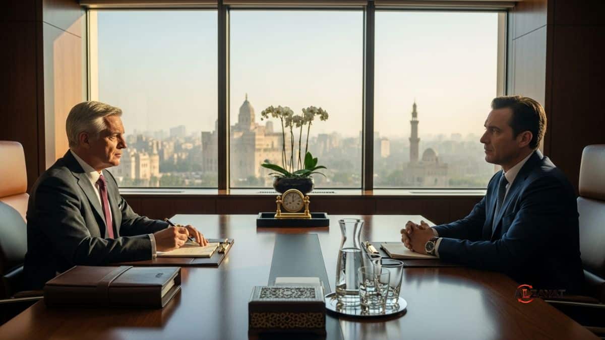 A senior attorney in Egypt providing expert legal counsel to a client in a luxurious office.
