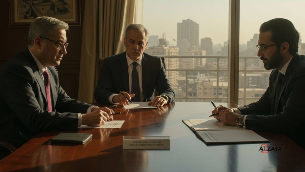 Senior lawyer discussing film shooting permits and public space regulation in Egypt with film producers