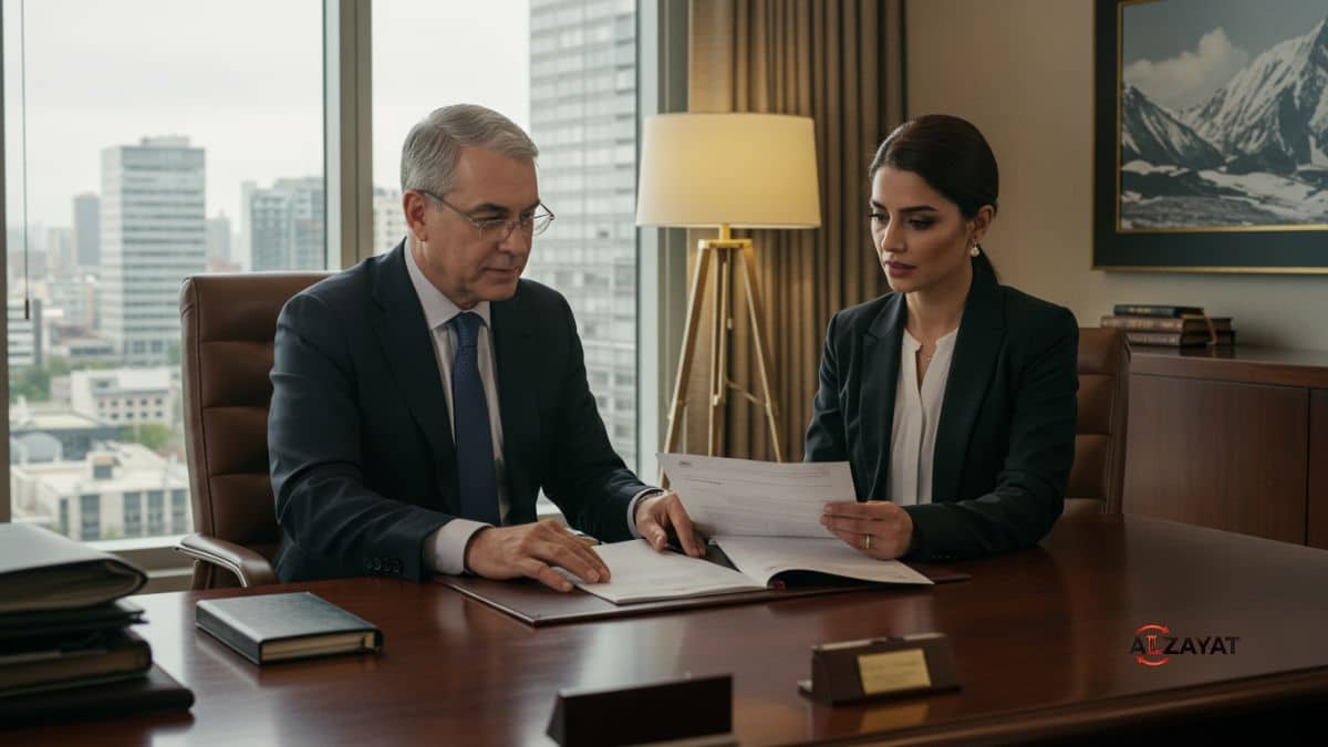 A senior lawyer assisting an Egyptian heir with inheriting a UBS bank account in Switzerland at a luxurious office.
