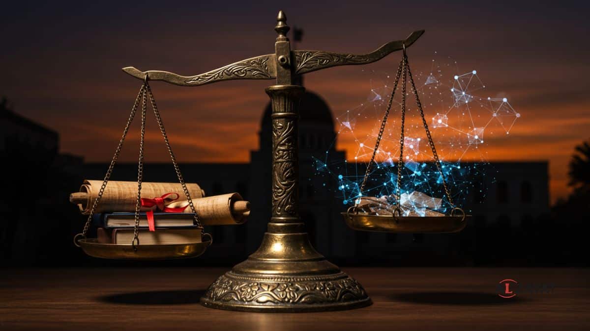 Litigation and Dispute Resolution in Egypt: Symbolic scales of justice balancing traditional Egyptian law (papyrus) with modern digital dispute resolution methods.