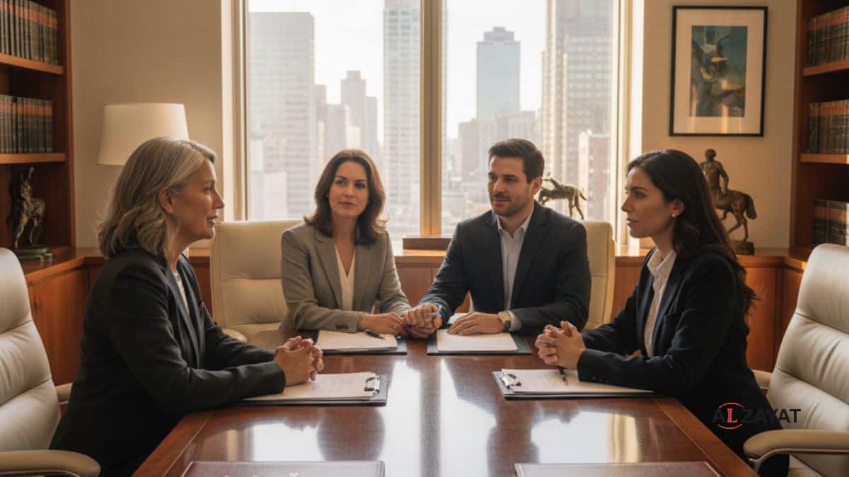A senior lawyer advises a diverse family on preventing family conflict during a confidential estate planning meeting at a luxurious office.