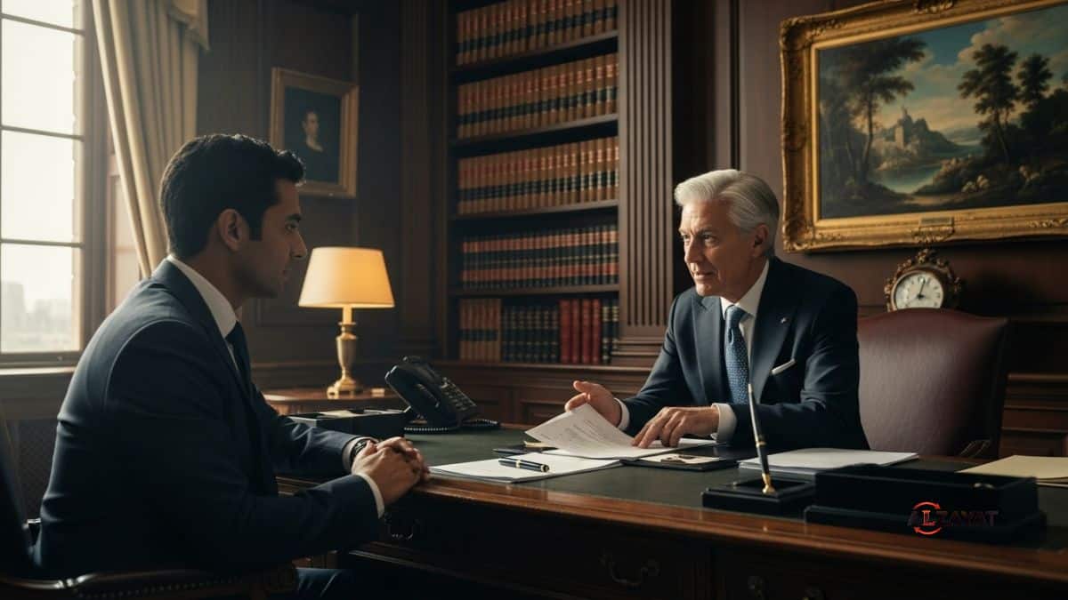 Document Attestation in Egypt: Senior lawyer consults with client in a luxurious office.