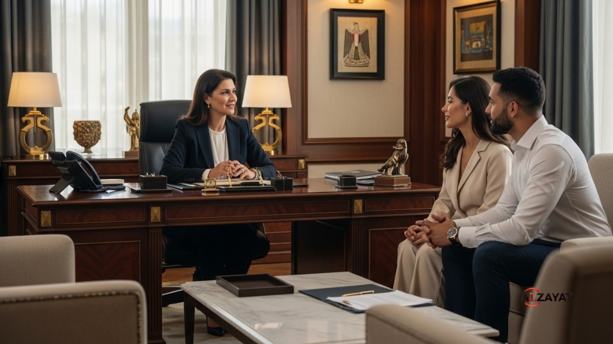 A senior international family lawyer at Alzayat Law Firm advises a diverse couple on International Marriage Laws in Egypt
