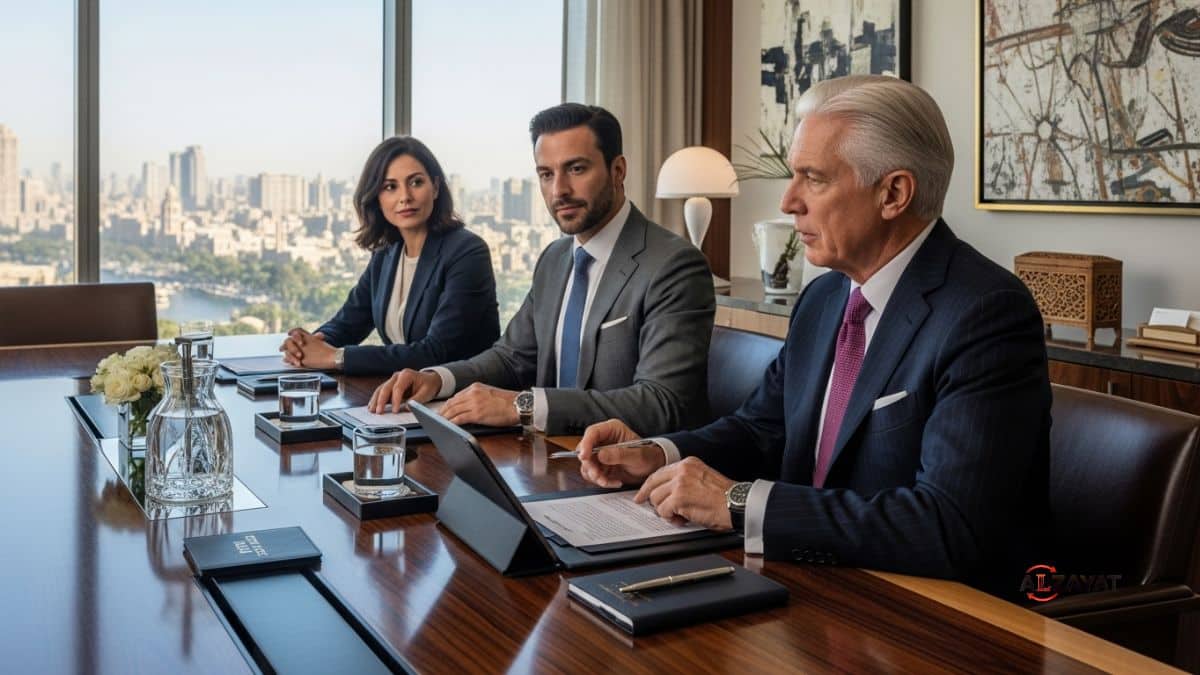 A senior Real Estate Lawyer in Egypt advising clients in a modern office.