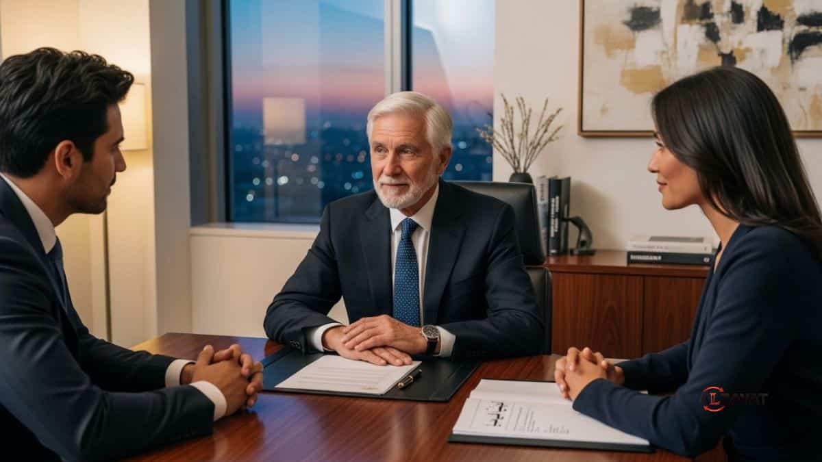 A senior lawyer explaining International Sharia Law Principles in Inheritance to a diverse client couple in a modern, luxurious office.