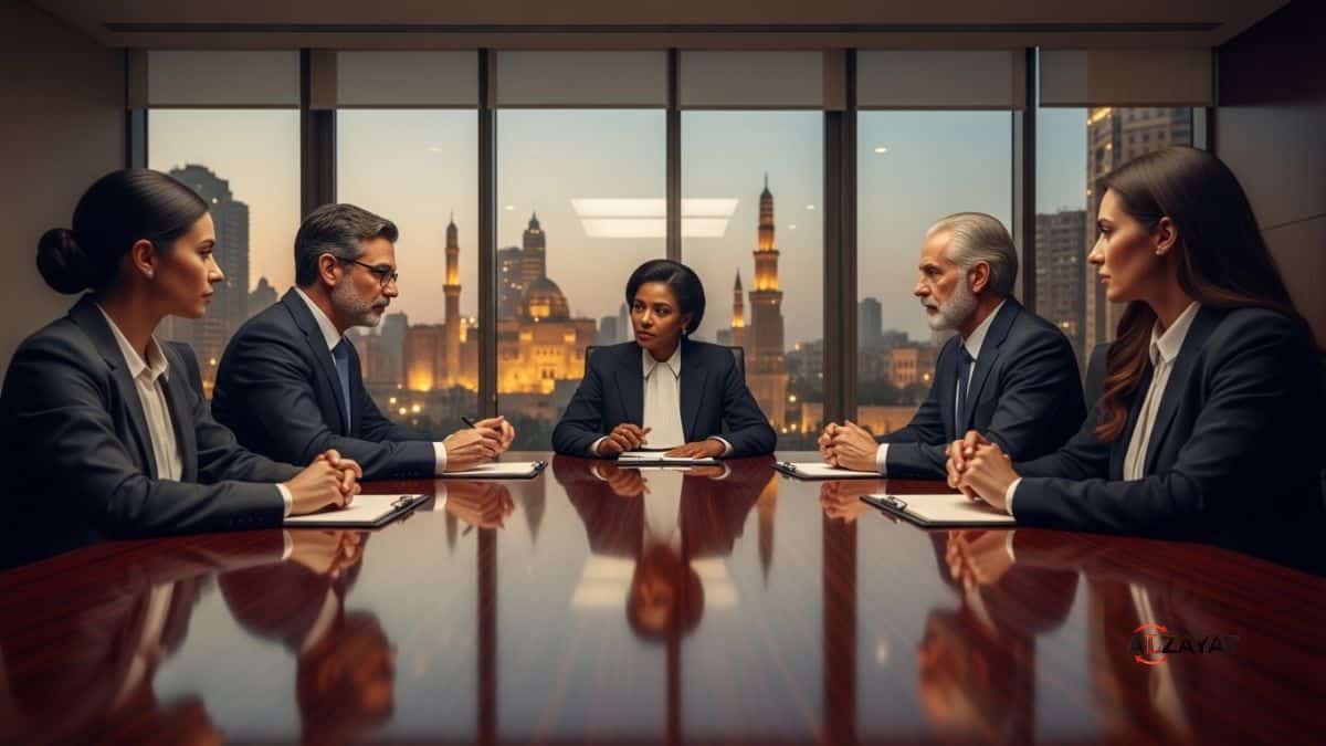 A senior lawyer from one of the best corporate law firms in Egypt consults with a diverse team of clients.