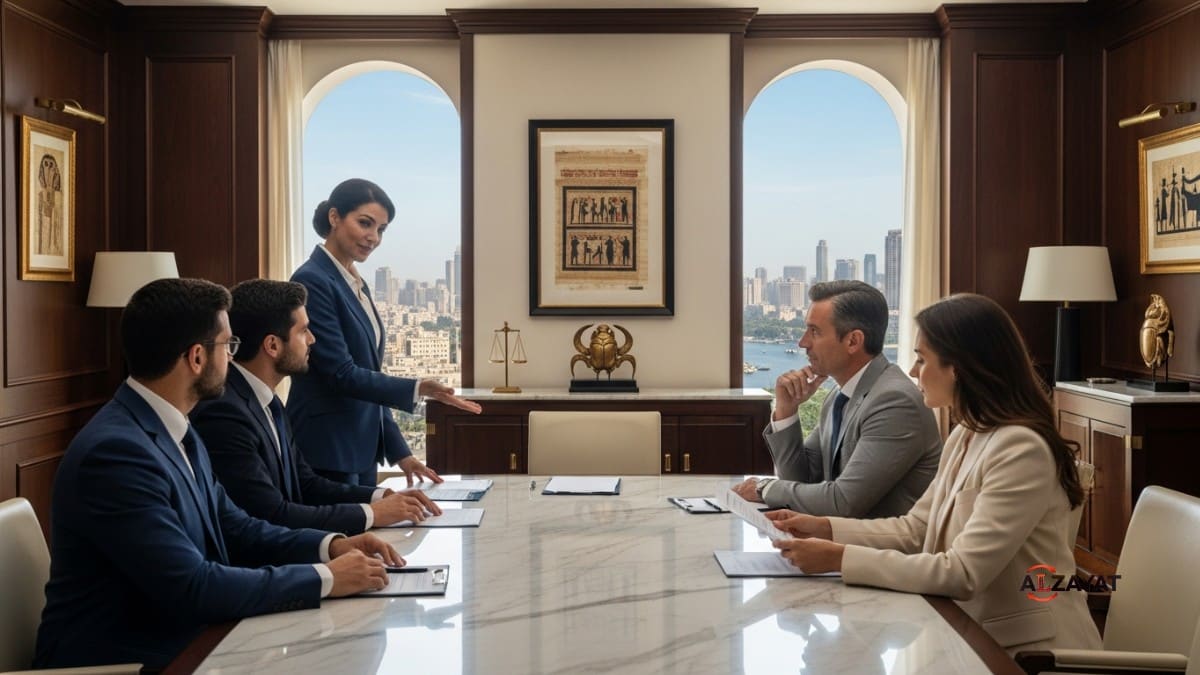 A senior lawyer discussing strategies with clients in one of the best law firms in Cairo.