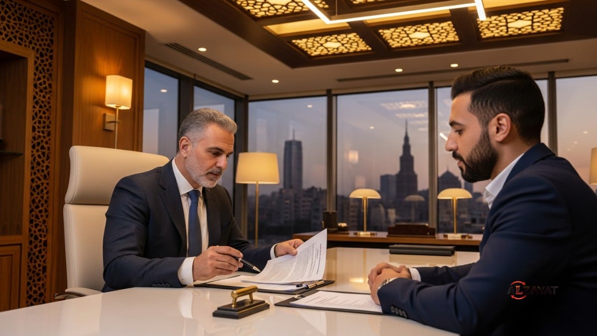 A senior Egyptian criminal defense attorney discusses Egyptian criminal defense attorney fees with a client in a modern, luxurious office.