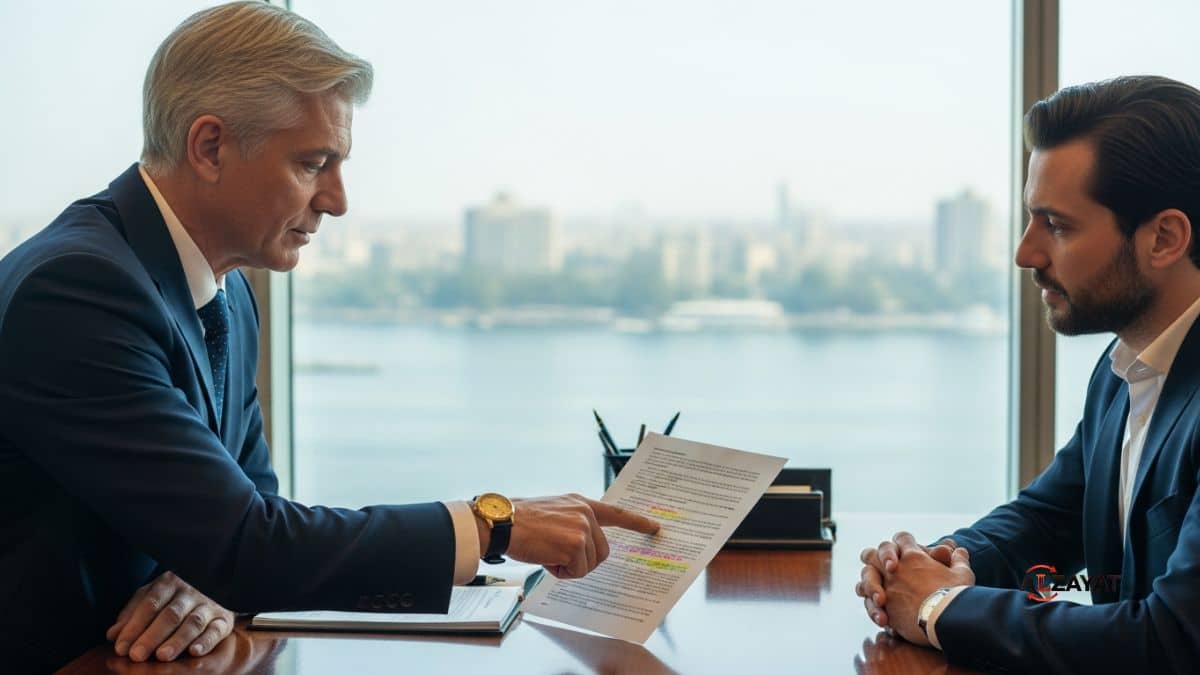 Un avocat senior du cabinet Alzayat guide un client international dans le processus d'immatriculation d'une société étrangère au Caire.