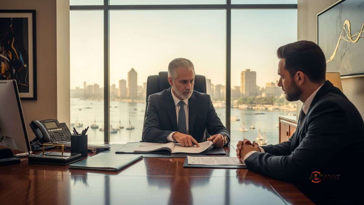 Un avocat senior d'Alzayat Cabinet d’Avocats guidant un client dans la maîtrise des lois complexes dans un bureau moderne au Caire.