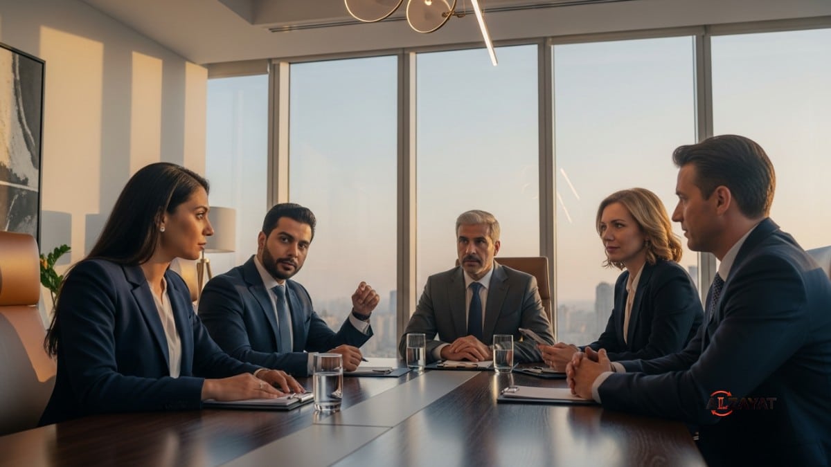 A diverse team of senior lawyers from a top law firm in Egypt advises international clients in an ultra-luxurious, modern boardroom