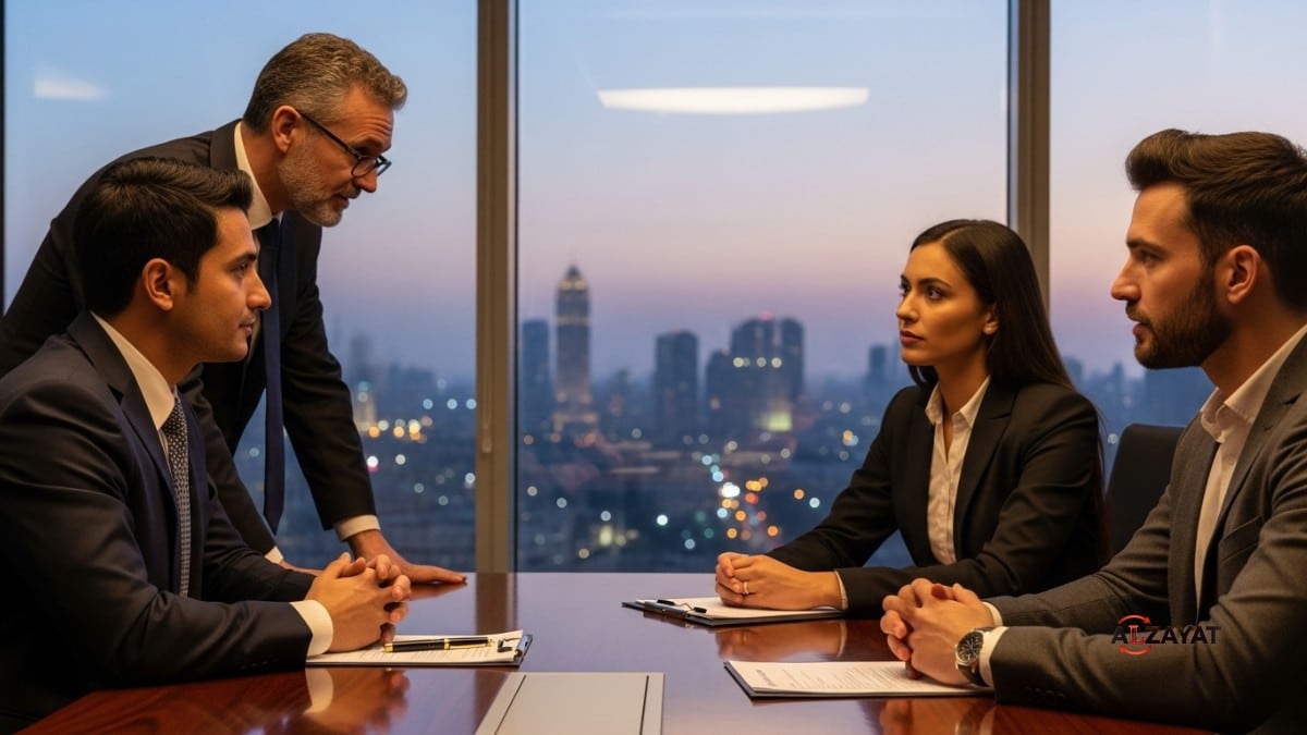 A senior lawyer advises an international client on the process of forming an LLC for foreigners in Egypt in a luxury boardroom.