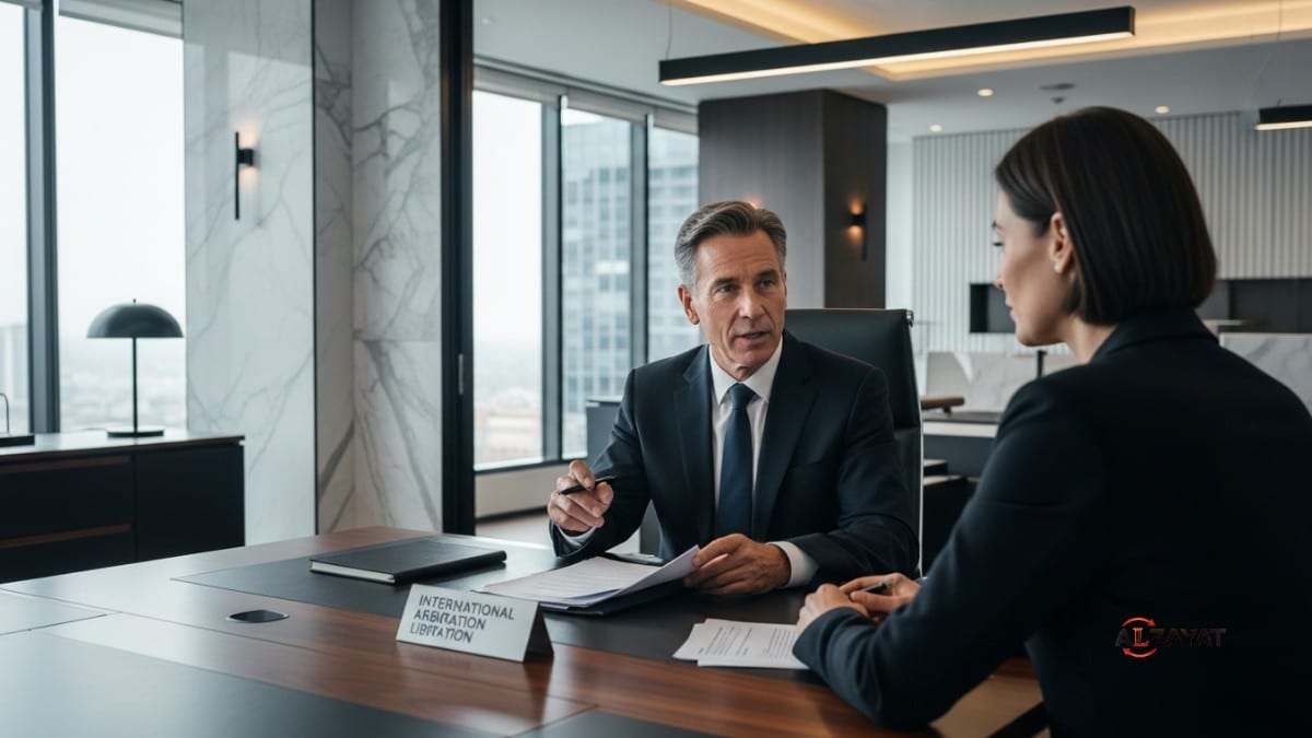 Senior lawyer discussing international arbitration and litigation services with client