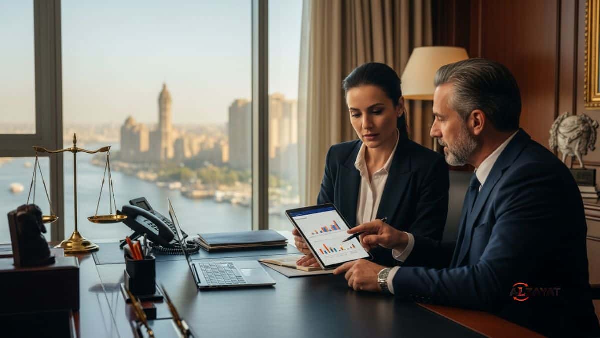 A senior lawyer at Alzayat Law Firm discussing advertising standards and prohibited content in Egypt with a marketing executive in a modern Cairo office.