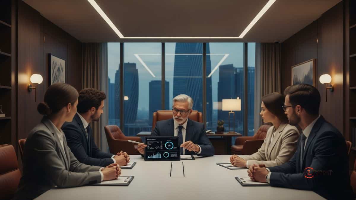 Senior legal expert discussing Egypt tax law updates with a client in a modern office.