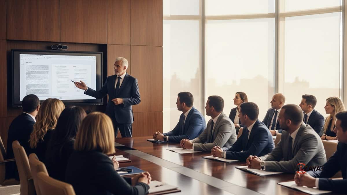A senior lawyer from an Alzayat international law firm in Egypt advising His team in a modern, luxurious office.