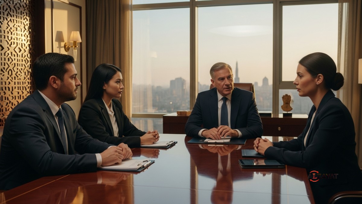 International lawyers in Egypt advising a client in a luxurious office.