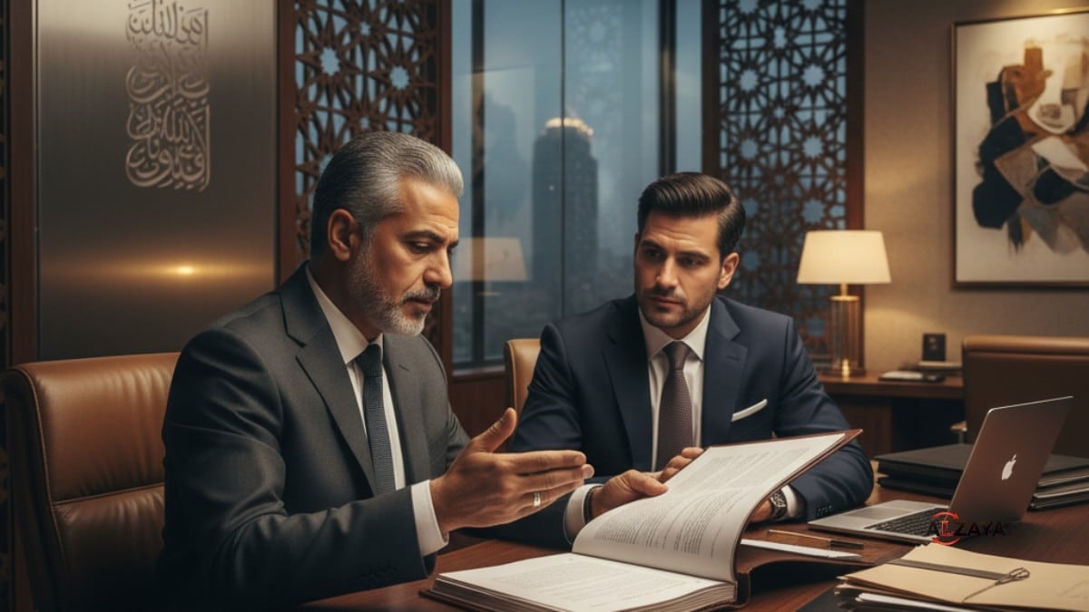 Distinguished Egyptian Legal System attorneys advising a client in a luxurious office.
