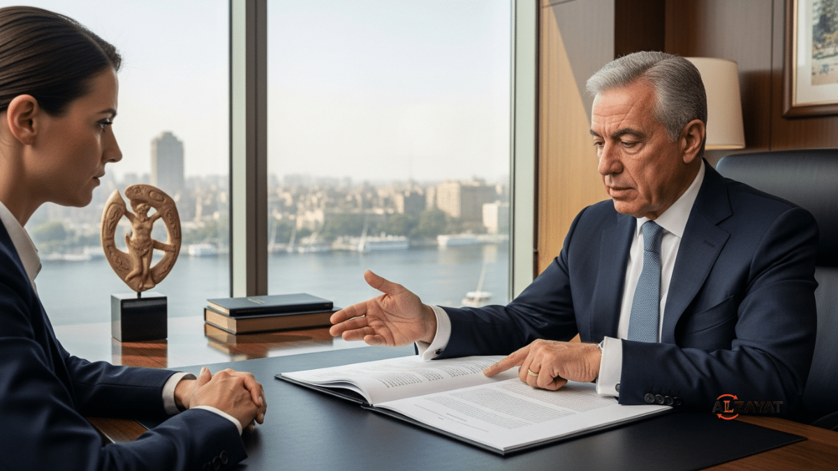 A senior lawyer discussing the critical process of drafting commercial contracts in Egypt with an international client in a modern Cairo office.