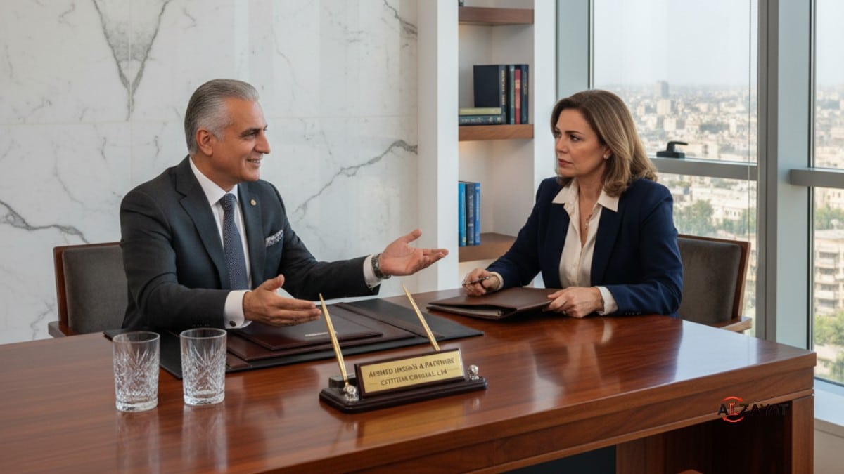 Senior legal counsel discussing Egypt criminal charges with a client in a luxurious Cairo office.