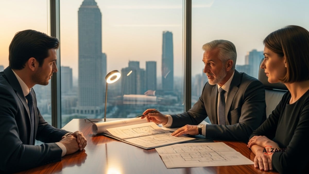 A senior lawyer from Alzayat Law Firm advises an international client on the nuances of Egyptian Real Estate Law in a modern Cairo office.