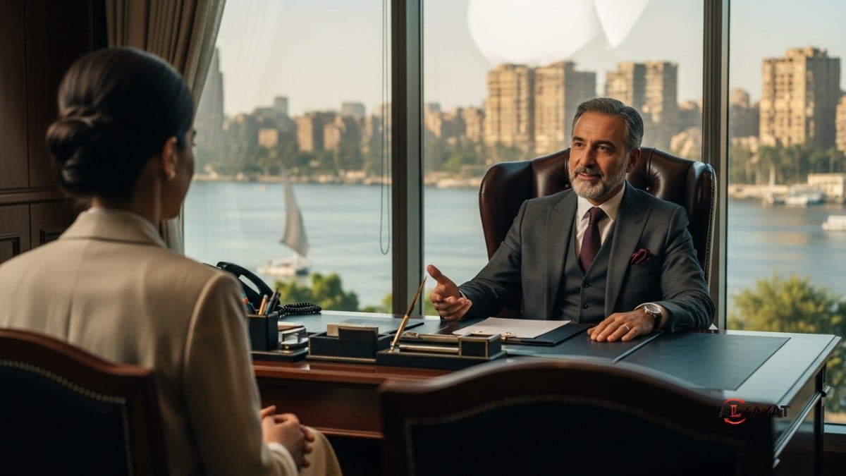 An empathetic senior lawyer at Alzayat Law Firm discusses the process of Khul' in Egypt with a female client in a luxurious office.