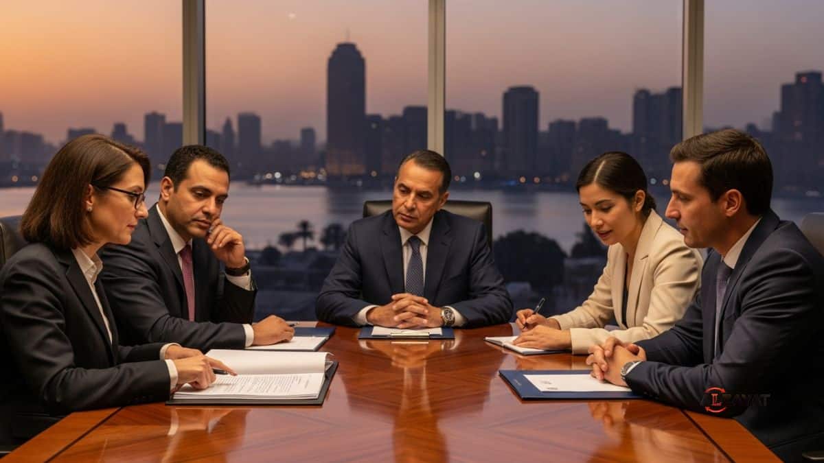 A diverse board of directors discussing corporate governance in Egypt in a modern Cairo office.